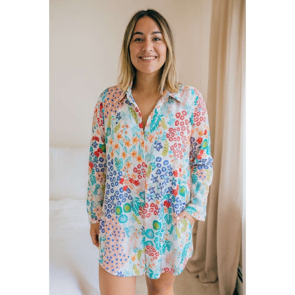 Josie Natori Shirt Dress Womens Small Floral Print Button Down Sleep Lounge
